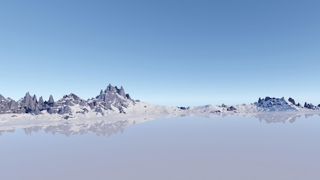 Beautiful snowy landscape. With mountains in the background. 3d rendering