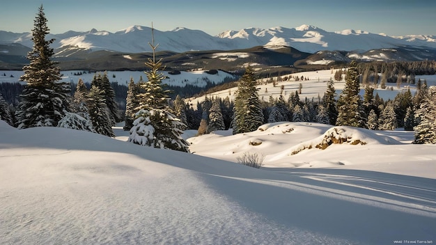 Beautiful snowy landscape with the mountains