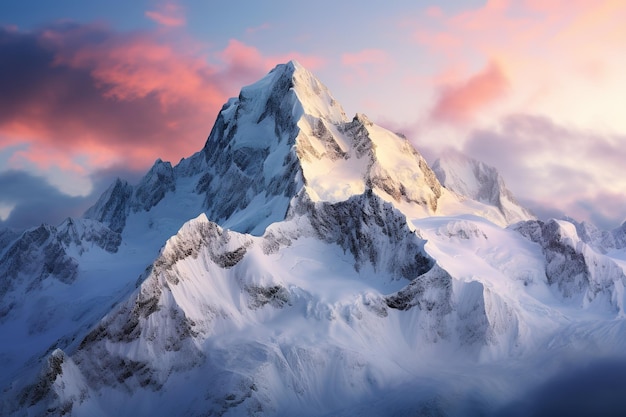 Beautiful snowy mountain peaks surrounded with foggy clouds