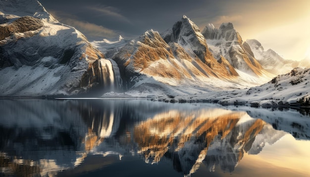 美しい雪山の湖と滝のミニマリストの自然の黄金の光の反射