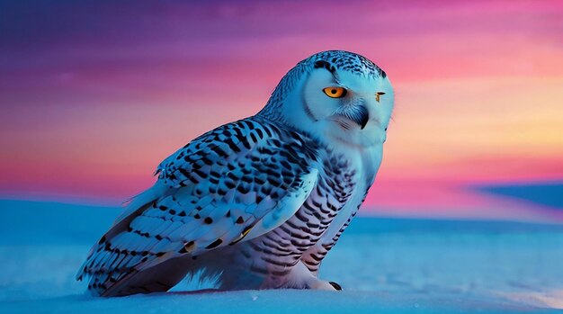 Photo beautiful snowy owl bird standing light neon color photography image picture ai generated photo