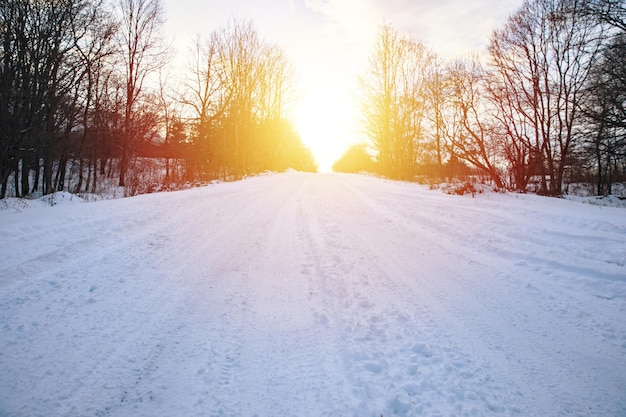 Beautiful snowy road in winter landscape