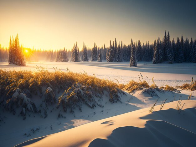 森と太陽の美しい雪の冬の風景 パノラマ 森のパノラマの冬の夕暮れ