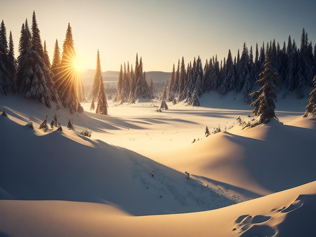 beautiful snowy winter landscape panorama with forest and sun winter sunset in forest panoramic