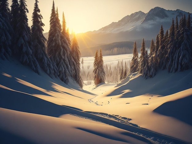 森と太陽の美しい雪の冬の風景 パノラマ 森のパノラマの冬の夕暮れ