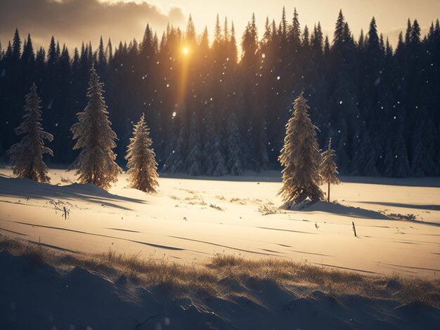 森と太陽の美しい雪の冬の風景 パノラマ 森のパノラマの冬の夕暮れ