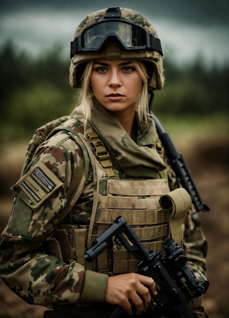 カモフラージュを着た美しい少女兵士戦闘用装備の AR15 手袋を戦場で身に着けています