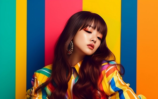 Красивая модель South Koren с яркой цветовой одеждой и фоном