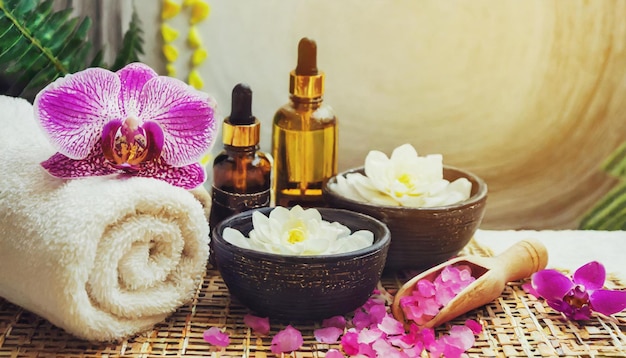 Beautiful spa background with flowers bottles of oil pink orchid petals on the white backdrop