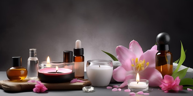 Beautiful spa composition on dark background Natural skincare cosmetic products AI generated