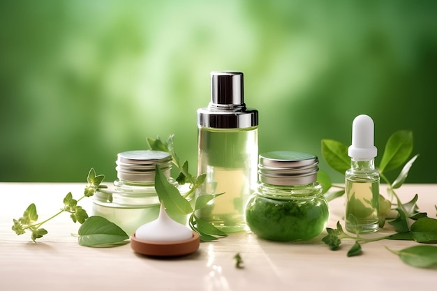 Beautiful spa composition on green background natural skincare cosmetic products ai generated