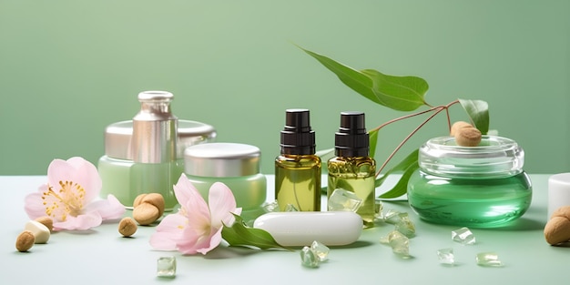 Beautiful spa composition on green background Natural skincare cosmetic products AI generated