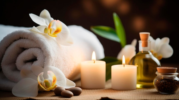 Beautiful spa composition on massage table in wellness center