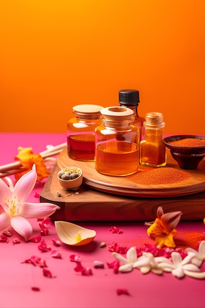 Beautiful spa composition on orange background natural skincare cosmetic products ai generated