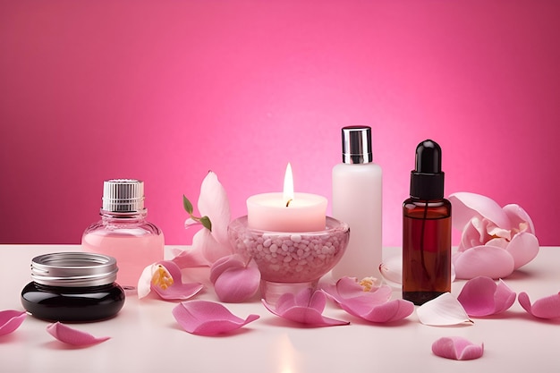 Beautiful spa composition on pink background Natural skincare cosmetic products AI generated