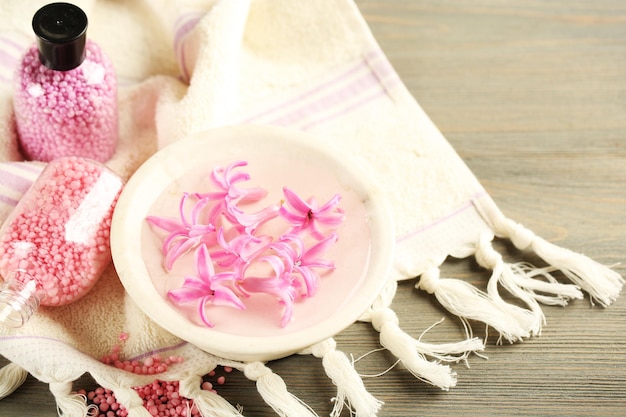 Beautiful spa composition with hyacinth flowers close up