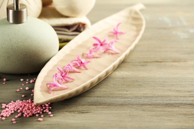 Beautiful spa composition with hyacinth flowers close up