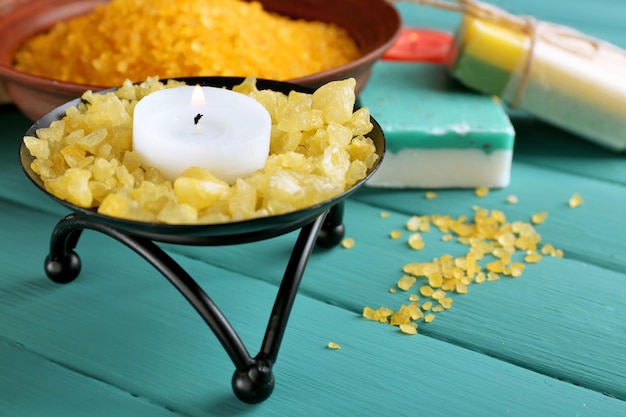 Beautiful spa composition with sea salt on table close up