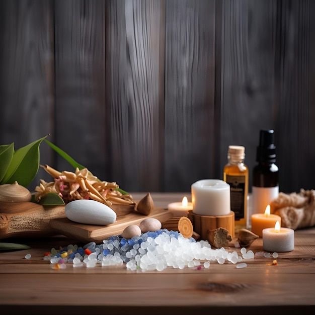 Beautiful spa composition on wooden background Natural skincare cosmetic products