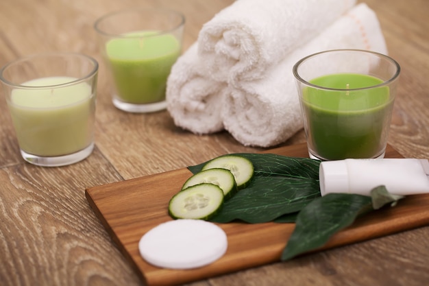 Beautiful spa composition on wooden background.