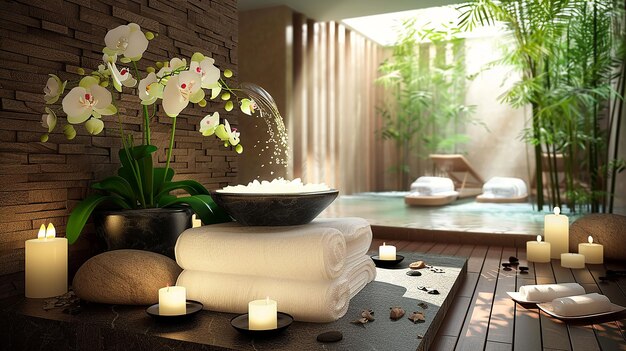 Photo beautiful spa interior and decorations with candles orchid flowers and stones