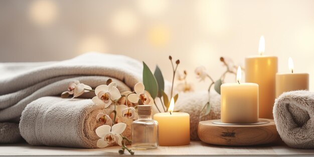 Beautiful spa treatment composition such as Towels candles essential oils Massage Stones on light wooden background blur living room natural creams and moisturising Healthy lifestyle