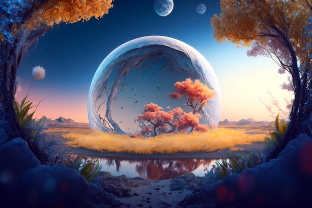 Photo beautiful space landscape deep space beautiful planet with puddle generative ai concept art