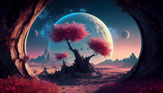 Beautiful space magic fantasy with planets and trees Digital art style Generative ai illustration