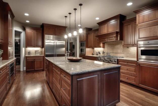 Beautiful spacious kitchen in a modern classic style with wooden facades and marble countertops mode