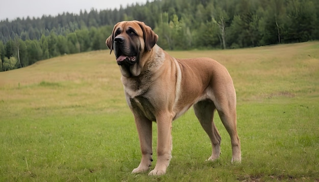 森の近くの緑の草原で飼育される美しいスペインのマスティフ犬