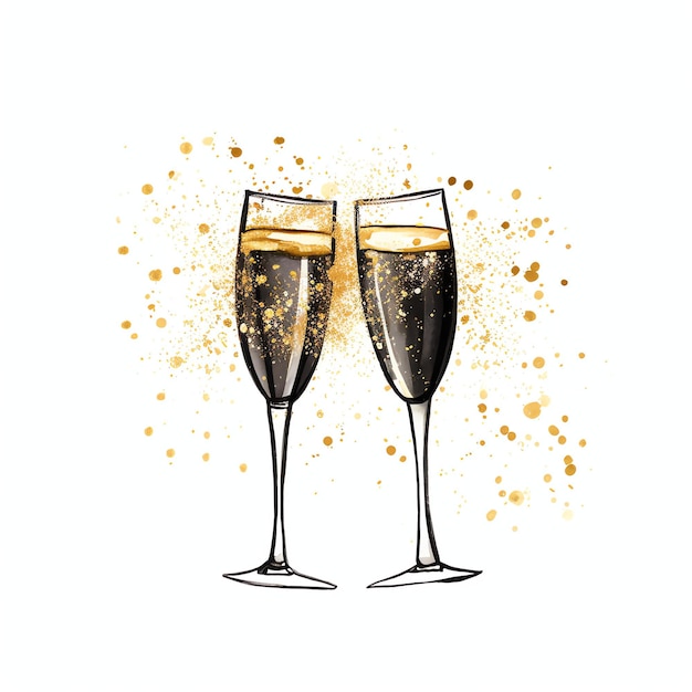 beautiful Sparkling champagne glasses clinking watercolor for celebration new year clipart