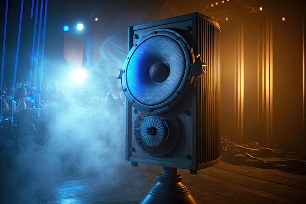 Photo beautiful speaker stand with large sound audio speaker on stage with blue light generative ai