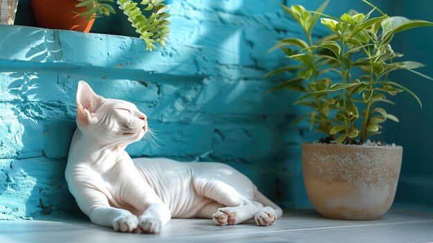 Photo beautiful sphynx white cat lying on floor near brick wall closeup