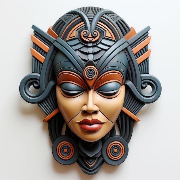 Beautiful Spirit African Woman Wooden Mask on the Wall extreme closeup Generative AI