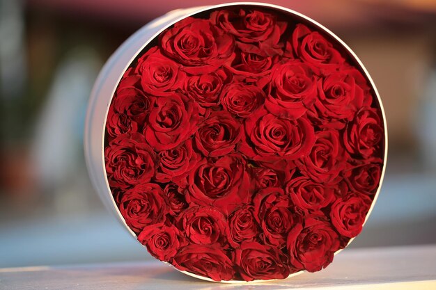 Beautiful splendid bright red roses flower bouquet in round box\
pretty bunch for celebration of anniversary valentine day marriage\
birthday engagement wedding closeup on blur background\
horizontal