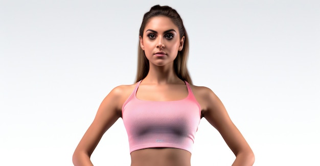 Beautiful sport woman posing in studio with a pink top on white background