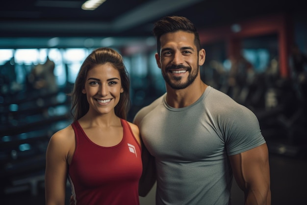 Beautiful sports woman and man smiling fitness trainer in the gym athletes fitness gum work out