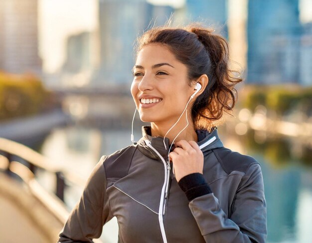 Beautiful sporty woman with music earphone pretty and smiling goes jogging at the edge of the city q