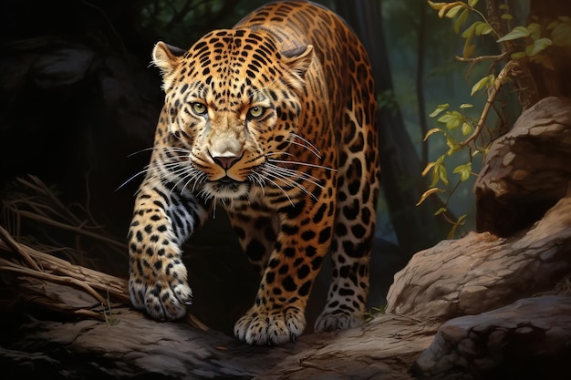 Beautiful spotted predator leopard walking in jungle illustration wild animal outdoors