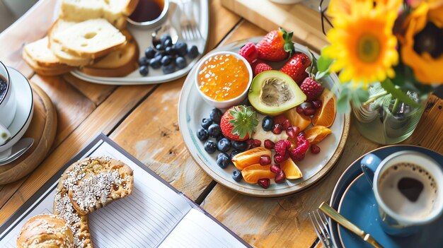 Photo a beautiful spread of food on a wooden table including coffee toast fruit and pastries