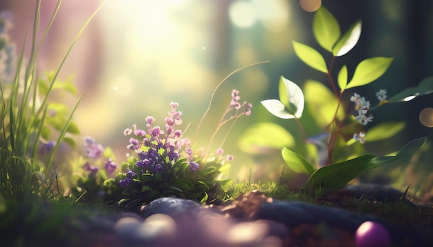 Beautiful Spring background with bokeh 3d rendering Generative AI