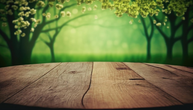 写真 緑と空の木製のテーブルと美しい春の背景テキストの自然なテンプレート スペース