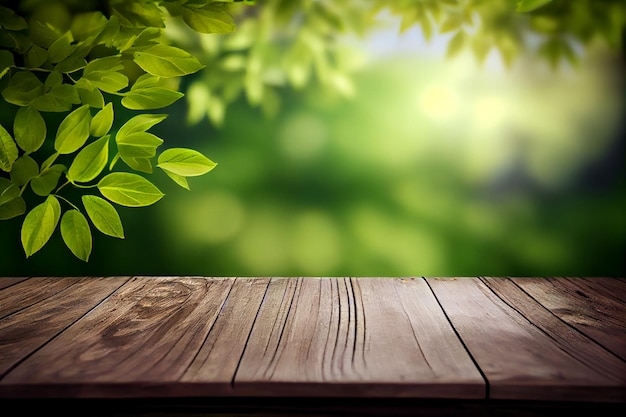 Beautiful spring background with green juicy young foliage and empty wooden table in nature outdoor AI Generated