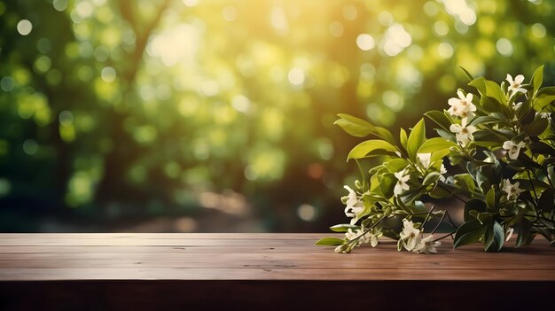 Beautiful spring background with green lush young foliage and an empty wooden table outdoorsgenerated ai