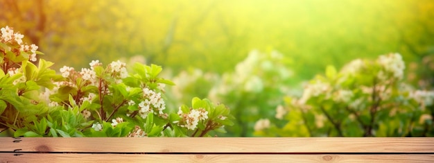 Beautiful spring background wooden table in a green garden Generative Ai