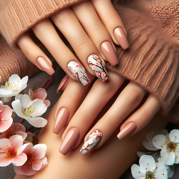 Photo beautiful spring blooming flowers nail design on long nude color nails woman hands with trendy polis