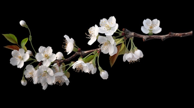 美しい春が咲き、黒い背景に白い桜が緑豊かな木の枝を飾ります