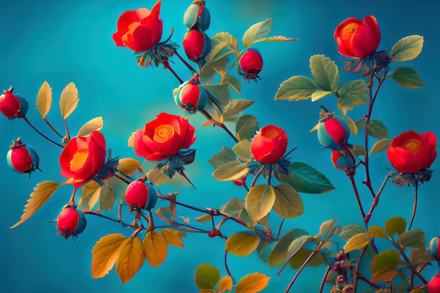 Beautiful spring border blooming rose bush on a blue background Generative Ai