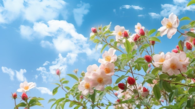 Красивая весенняя граница цветущего розового куста на синем фоне