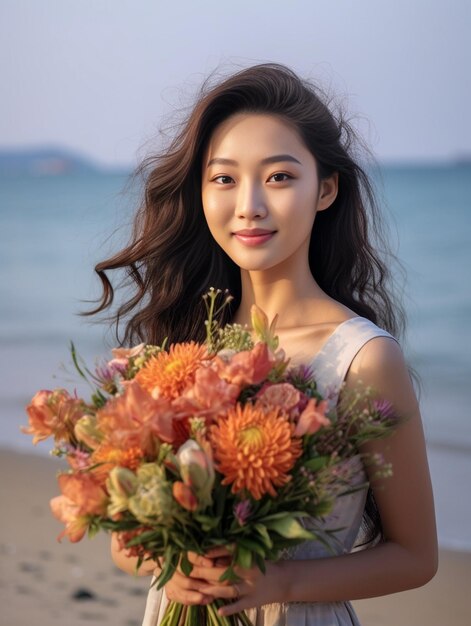 Photo beautiful spring bouquet young girl holding a flowers arrangement with various of co generative ai